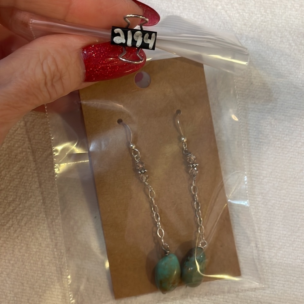 Sterling silver dainty chain glass bead turquoise stone long dangle - Picture 8 of 8